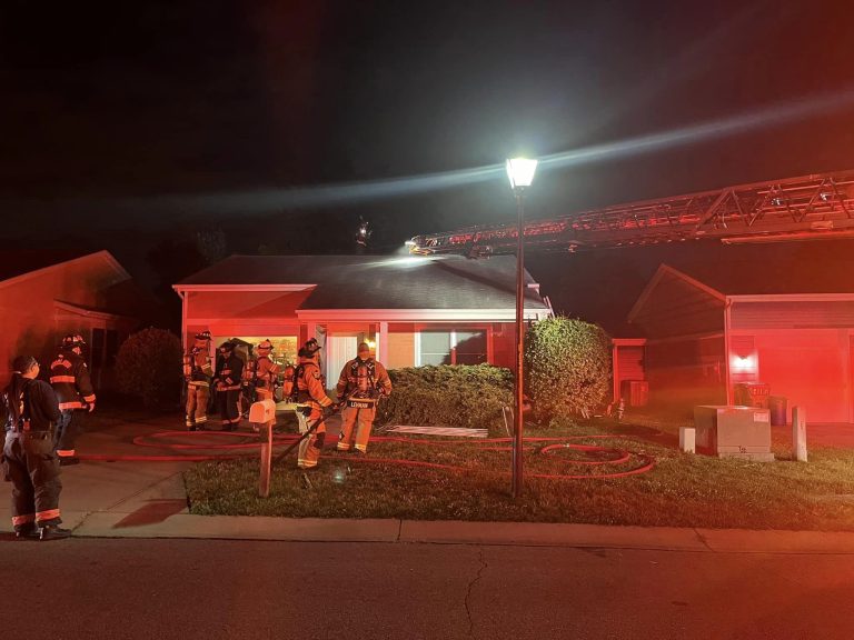 Firefighters, in full gear with hoses and equipment, respond to a house fire at night. A firetruck ladder reaches towards the roof, with the scene illuminated by both the streetlamp and emergency lights on the vehicle. Smoke is rising from the roof.