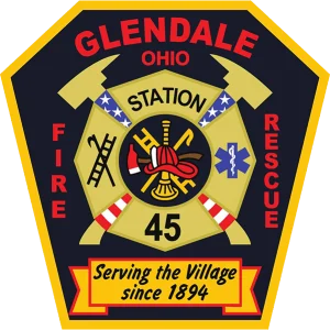 Emblem of the Glendale, Ohio Fire Rescue Station 45. The center features a firefighter helmet, axes, ladder, hydrant, and medical symbol. The border reads "Glendale Ohio Fire Rescue" and a banner at the bottom states "Serving the Village since 1894".