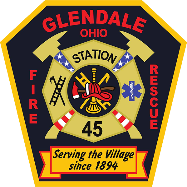 Emblem of the Glendale, Ohio Fire Rescue Station 45. The center features a firefighter helmet, axes, ladder, hydrant, and medical symbol. The border reads "Glendale Ohio Fire Rescue" and a banner at the bottom states "Serving the Village since 1894".