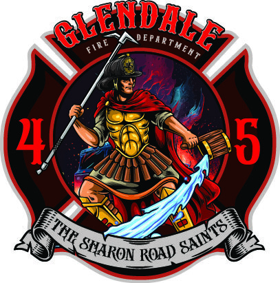 A Glendale Fire Department emblem featuring a warrior in Roman armor, holding a spear and a glowing sword. The number 45 is displayed on either side of the warrior. A ribbon below reads "The Sharon Road Saints." The background includes red and blue flames.