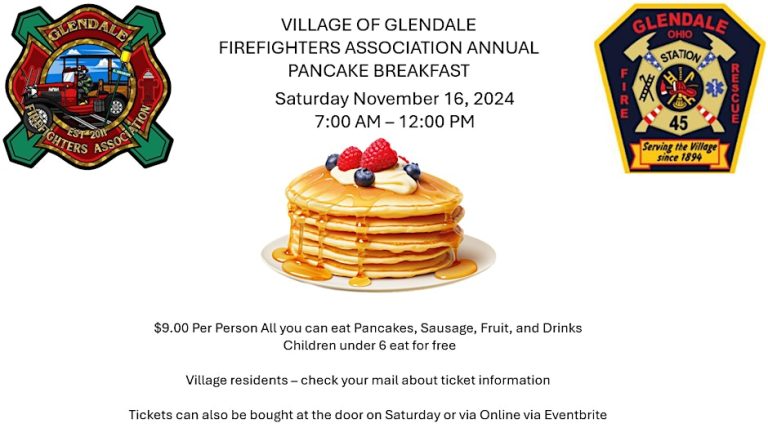 Flyer for the Village of Glendale Firefighters Association Annual Pancake Breakfast on November 16, 2024, from 7:00 AM to 12:00 PM. Features a stack of pancakes and details about pricing and ticket information.