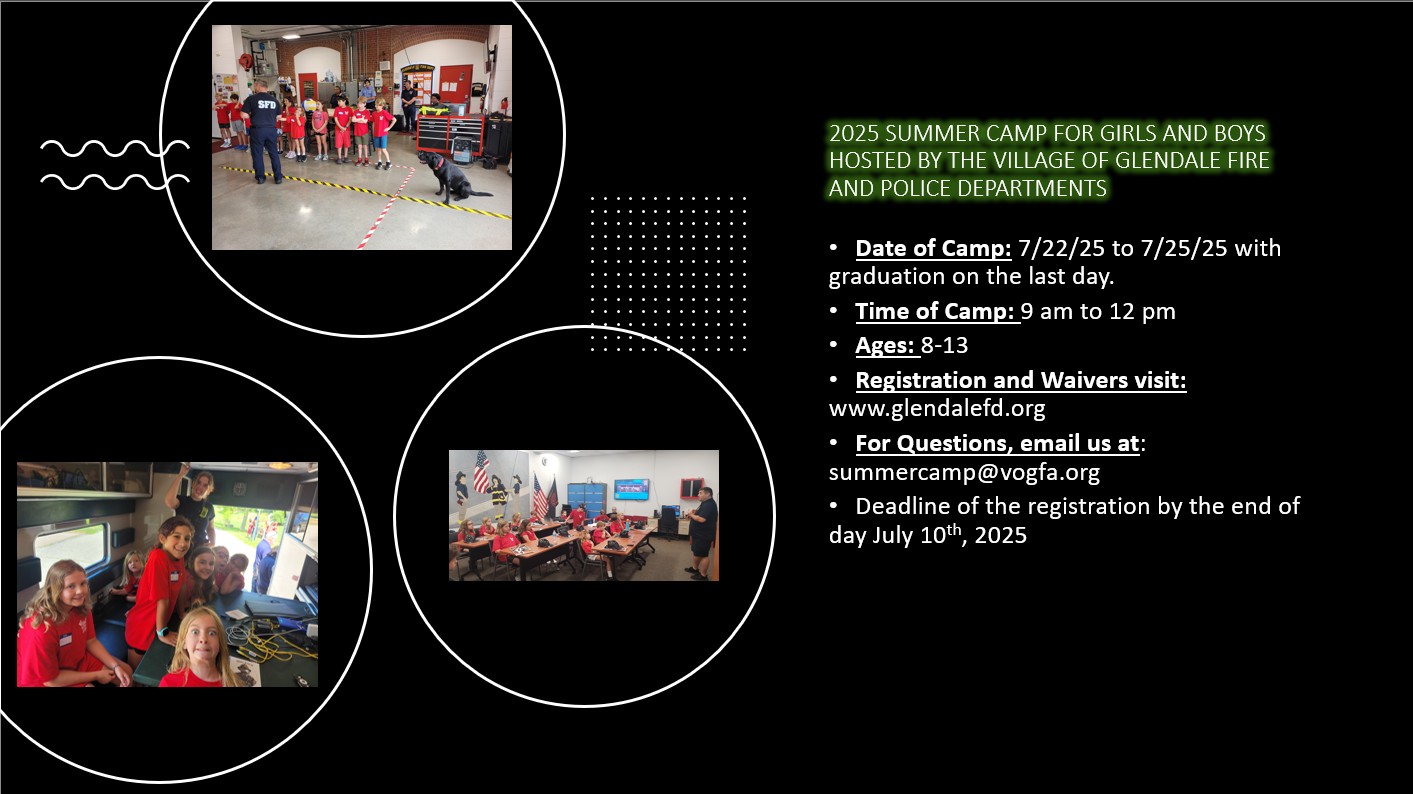 Flyer for 2025 Summer Camp hosted by Glendale Fire and Police Departments; features camp details, registration info, and three photos of children in red shirts participating in group activities.