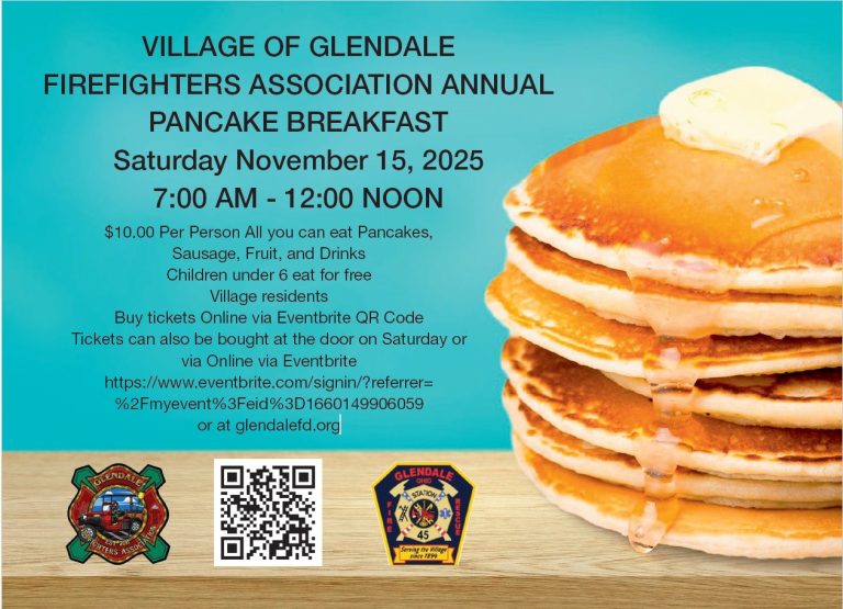 Stack of pancakes with butter and syrup on a blue background. Text promotes the Village of Glendale Firefighters Association Annual Pancake Breakfast on Nov. 15, 2025, with details, logos, QR code, and ticket info.